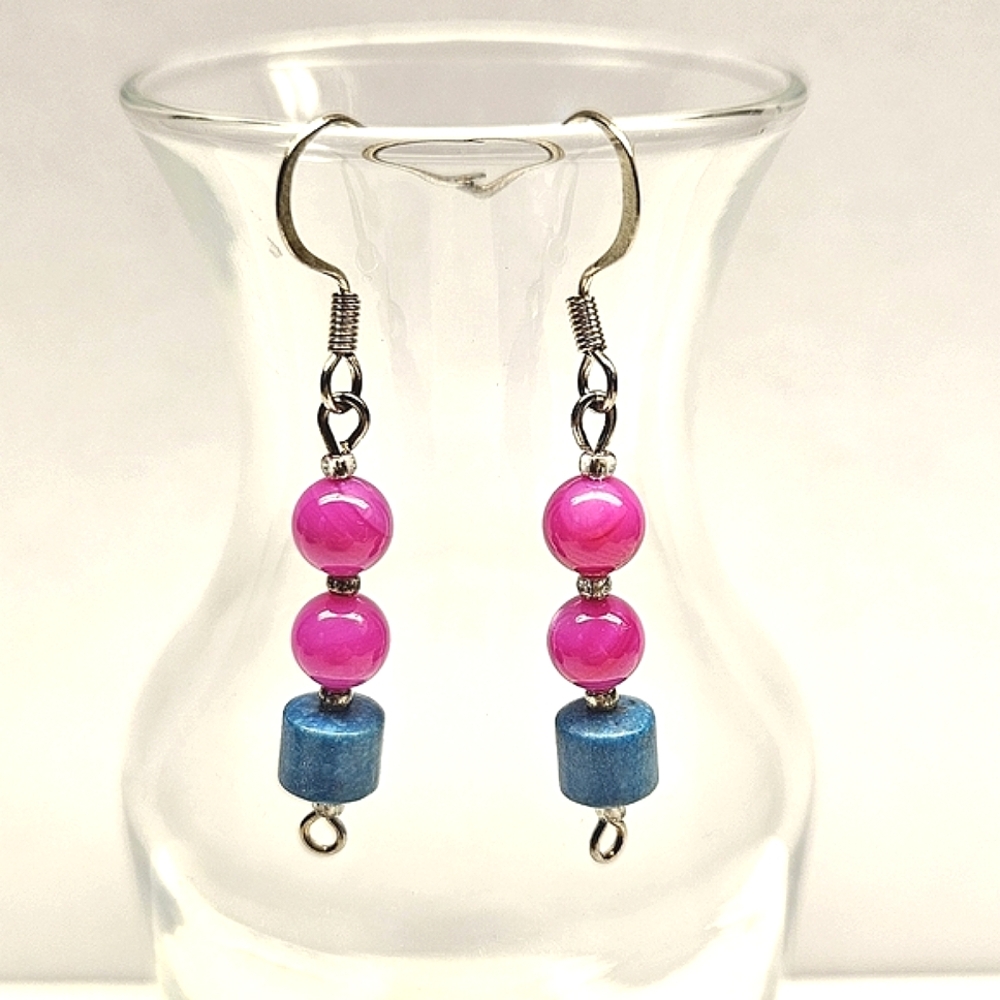 Pink Cat's Eye and Turquoise Beaded Earrings